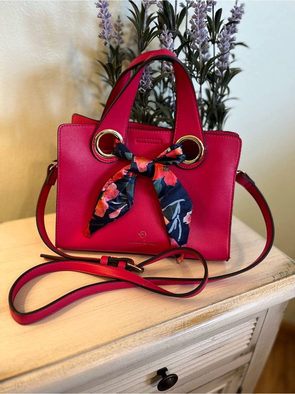 Nanette Lepore Niccola Bright Pink Vegan Leather Purse with Floral Scarf